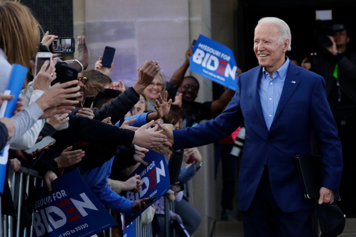 Democratic presidential candidate former Vice President Joe Biden greets the crowd during a campaign rally on March 7 in Kansas City, Missouri.