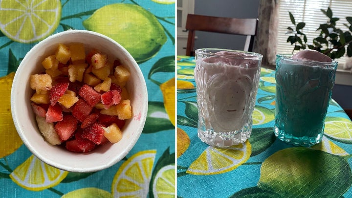 The first Daily Harvest recipe Ambar tried was the Strawberry + Peach Smoothie (pictured), which she made with lactose-free milk.