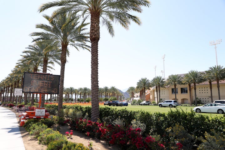 INDIAN WELLS, CALIFORNIA - MARCH 09: A "Tennis Is Cancelled" sign flashes outside the Indian Wells Tennis Garden on March 09,