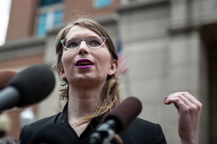 Former military intelligence analyst Chelsea Manning speaks to the press in Alexandria, Virginia, on May 16, 2019. 