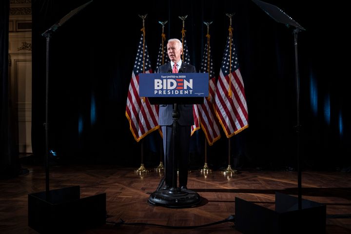 Democratic presidential candidate Joe Biden delivers remarks about the coronavirus pandemic at the Hotel Du Pont on March 12, 2020, in Wilmington, Delaware.