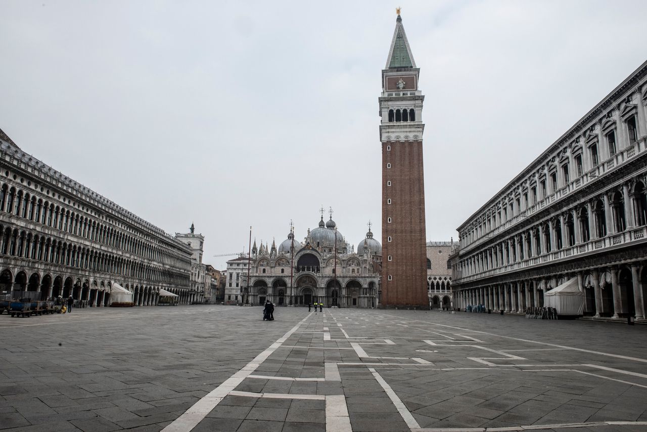 A deserted St Mark's Square is pictured in Venice on March 12, 2020, after the lockdown decided by premier Giuseppe Conte all around Italy