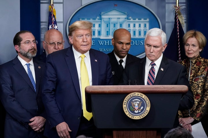 President Donald Trump, Vice President Mike Pence and other administration officials hold a press briefing March 9 with members of the White House Coronavirus Task Force team.