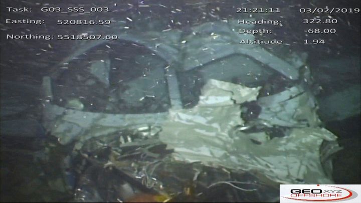 A still from video provided by the Air Accidents Investigation Branch showing the wreckage of the plane that crashed into the Channel on January 21, 2019, killing footballer Emiliano Sala and pilot David Ibbotson