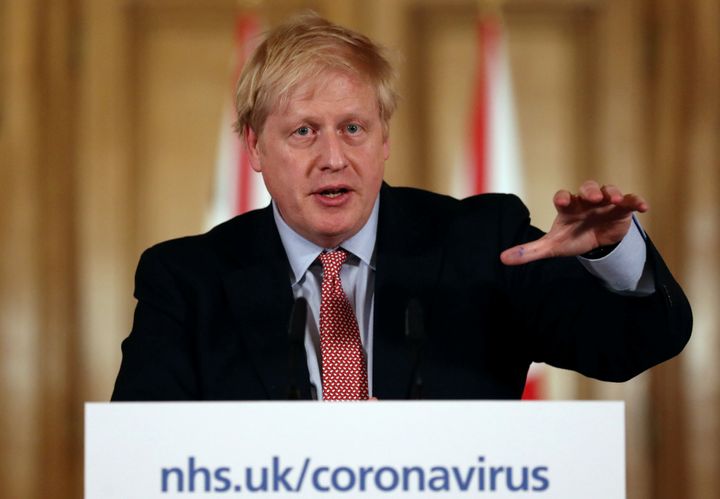 Prime minister Boris Johnson speaking at a news conference inside 10 Downing Street, London, after the latest Cobra meeting to discuss the government's response to coronavirus crisis