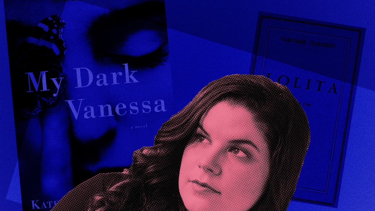 A photo of author Kate Elizabeth Russell and her novel "My Dark Vanessa."