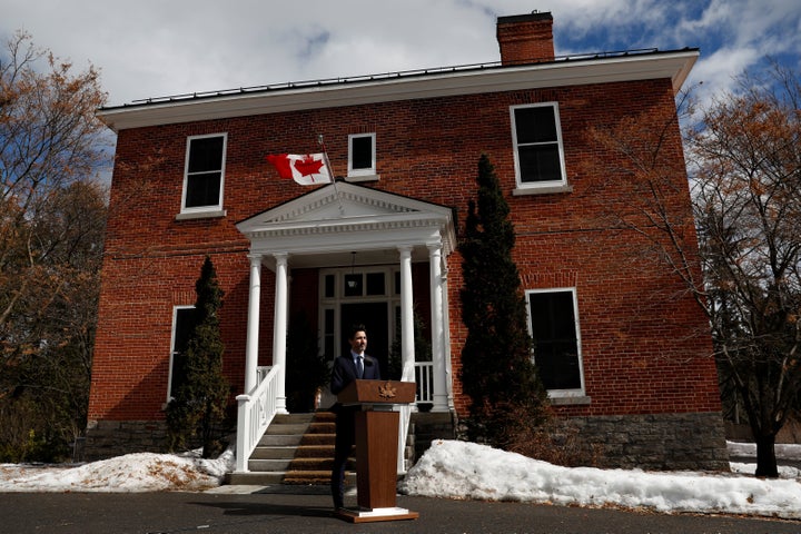 Prime Minister Justin Trudeau gives a speech at a news conference at Rideau Cottage in Ottawa on March 13, 2020.