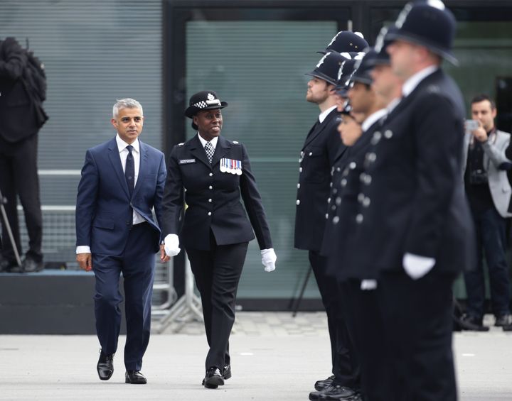 File photo dated 09/09/16 of Mayor of London Sadiq Khan (left) with Metropolitan Police Superintendent Novlett Robyn Williams (centre). The Superintendent arrived at the Old Bailey enter a plea over possession of an indecent video of a child on Tuesday.
