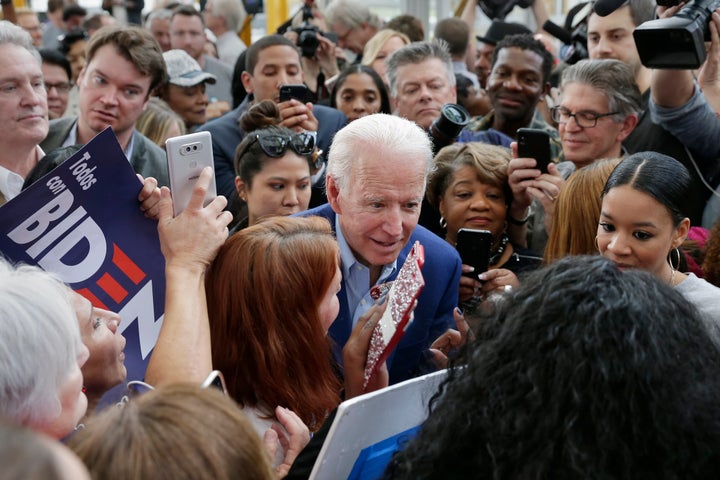 Biden talks with supporters at a campaign rally on March 2, 2020, at Texas Southern University in Houston.