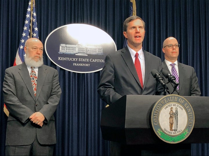 Kentucky Gov. Andy Beshear (D) announces the state’s first confirmed case of the new coronavirus at a press conference on March 6, 2020, in Frankfort, Kentucky. 