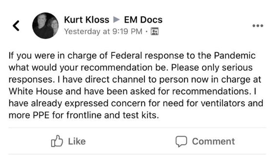 Screenshot of one of Dr. Kurt Kloss's Facebook posts.