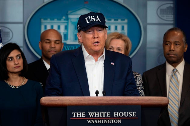 US President Donald Trump gives a press briefing about the coronavirus at the White House in Washington,...