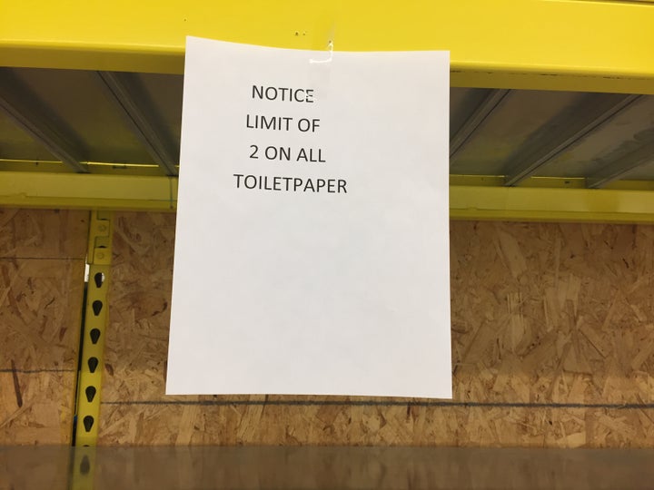 Empty shelf that contained toilet paper as grocery stores were packed with big crowds and long lines as latest spike of novel coronavirus (COVID-19) cases prompted panic buying across the country on March 3 in Toronto.