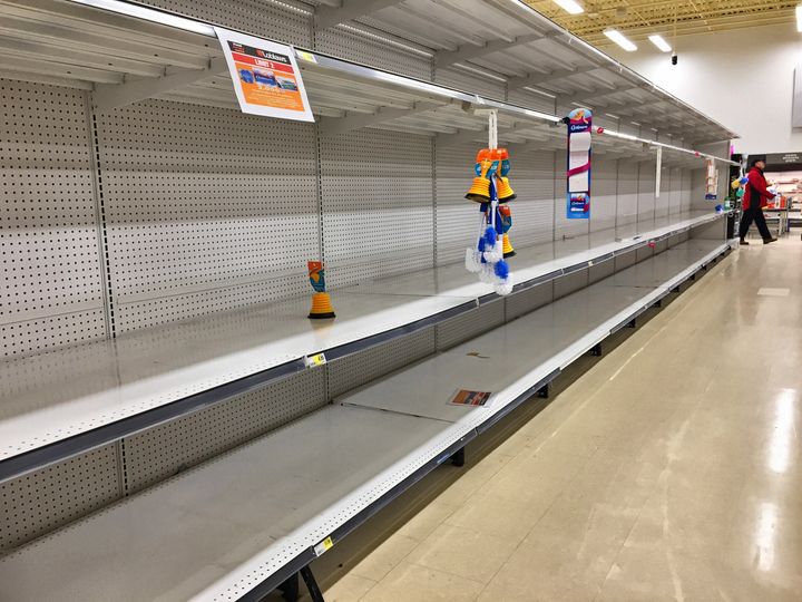 Empty shelves at a grocery store on March 13 in Toronto.