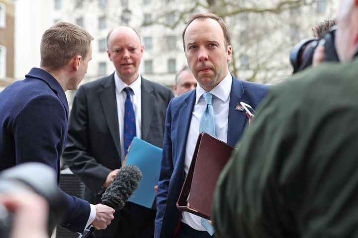 Health Secretary Matt Hancock (right) and Chief Medical Officer Chris Whitty (left) arrive at the Cabinet Office, Whitehall, London, for a meeting of the Government's emergency committee Cobra to discuss coronavirus.