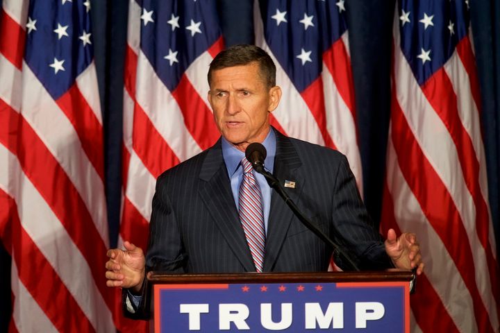 Michael T. Flynn introduces then-Republican presidential nominee Donald Trump in 2016. Flynn went on to become a senior adviser to Trump in the White House.