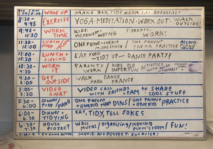 A daily schedule for two kids (ages 6 and 9) and their parents.