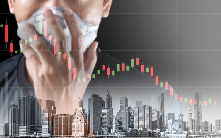 Concept of economic recession during the coronavirus crisis, downtrend stock and man with mask background