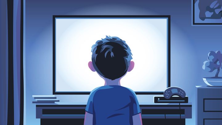 Vector illustration of a boy standing in front of a television set in a living room late at night. Concept for