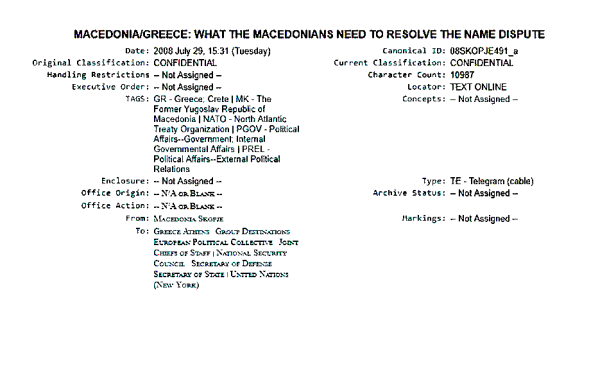 .Το τηλεγράφημα της Πρέσβειρας των ΗΠΑ στα Σκόπια, Τζίλιαν Μιλοβάνοβιτς, σχετικά με τους κύριους διαπραγματευτικούς στόχους της τότε ΠΓΔΜ, με ημερομηνία την 29η Ιουλίου 2008. ( Πηγή: WikiLeaks)