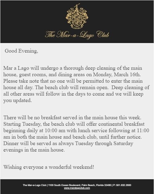 An email from President Donald Trump's for-profit Mar-a-Lago Club in Palm Beach, Florida, that details the "deep cleaning."