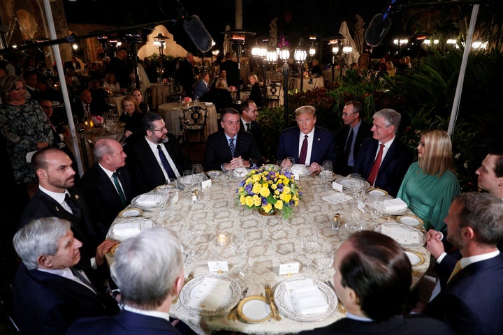 Trump hosts a working dinner with Brazilian President Jair Bolsonaro at the Mar-a-Lago resort in Palm Beach, Florida, on March 7.