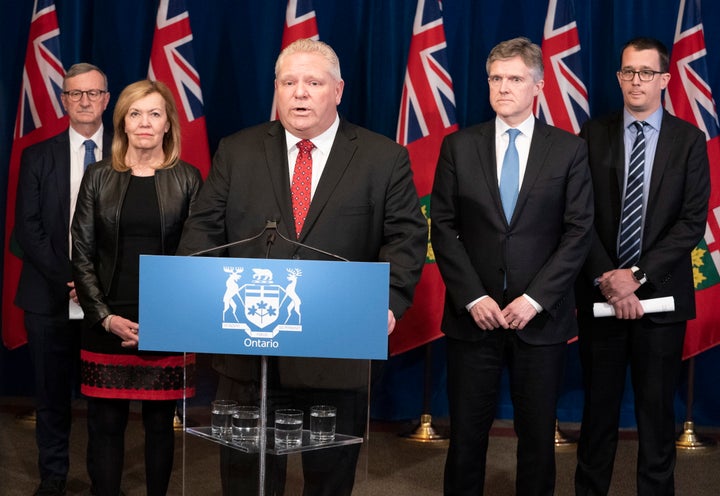 Ontario Premier Doug Ford speaks at a news conference at Queen's Park in Toronto on March 16, 2020.
