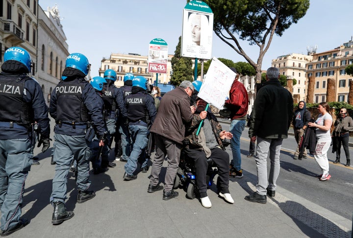 Police stormed a demonstration near the Ministry of Justice building in Rome as people protested the suspension of family visits to prisons due to coronavirus last week.