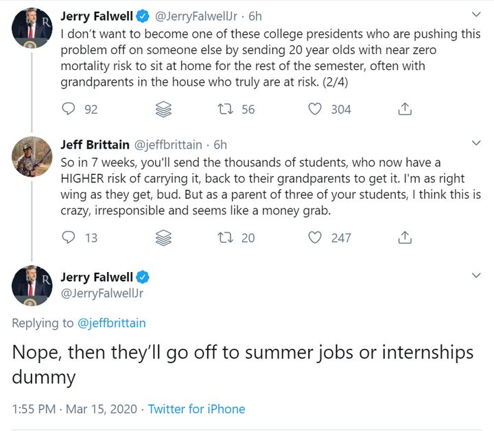 Jerry Falwell Jr.'s Twitter conversation with a man claiming to be a parent of Liberty University students is captured in this screenshot.