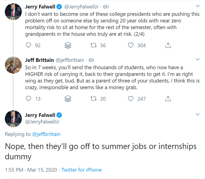 Jerry Falwell Jr.'s Twitter conversation with a man claiming to be a parent of Liberty University students is captured in this screenshot.