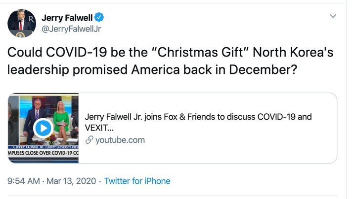 Jerry Falwell Jr. advertises his "Fox & Friends" interview on Twitter.