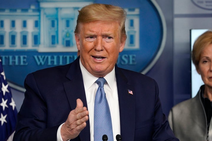 US President Donald Trump speaks during a press briefing with the coronavirus task force, in the Brady press briefing room at the White House, Monday, March 16, 2020.