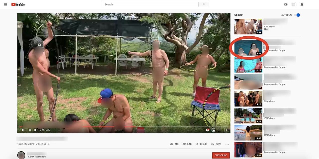 Searching YouTube for clips featuring adult nudity quickly led down a rabbit hole of algorithmically recommended videos showing partially clothed children.
