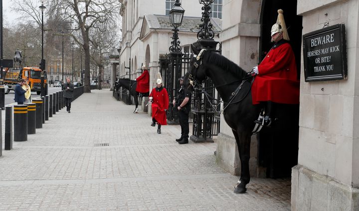 Horse Guards, one of London's top tourist attractions is virtually empty after the coronavirus outbreak in London