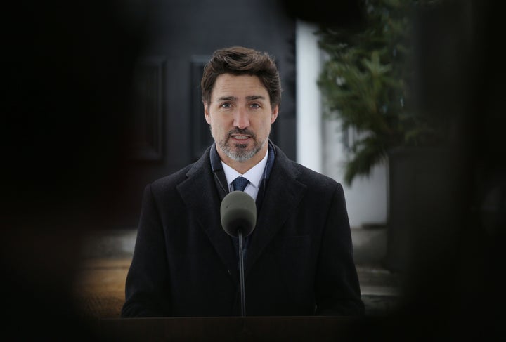 Prime Minister Justin Trudeau speaks during a news conference on COVID-19 situation in Canada from his residence March 17, 2020 in Ottawa.