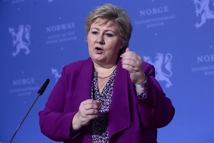 Norway's Prime Minister Erna Solberg gives a press conference for children on March 16, 2020.