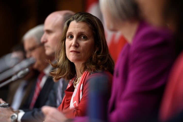 Deputy Prime Minister Chrystia Freeland participates in a press conference about COVID-19 in West Block on Parliament Hill in Ottawa on March 17, 2020.