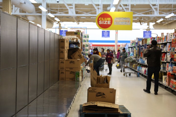 VANCOUVER, BC - MARCH 12 : Paper towel and toilet paper shelves emptied by panic buyers are seen at Real Canadian SuperStore during the Coronavirus outbreak in Vancouver, Canada on March 12, 2020. (Photo by Mert Alper Dervis/Anadolu Agency via Getty Images)