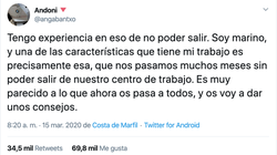 “Tengo experiencia en eso de no poder salir”: un marino triunfa con sus consejos para sobrellevar el