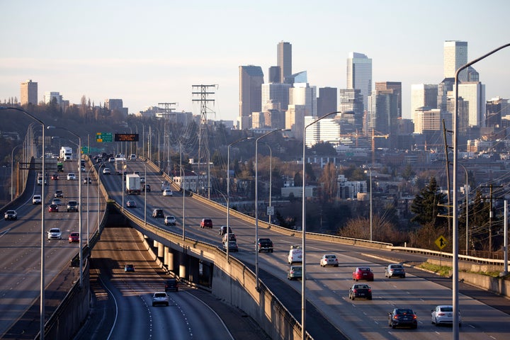Rush hour traffic is light during the morning commute heading in and out of Seattle on March 15, 2020.