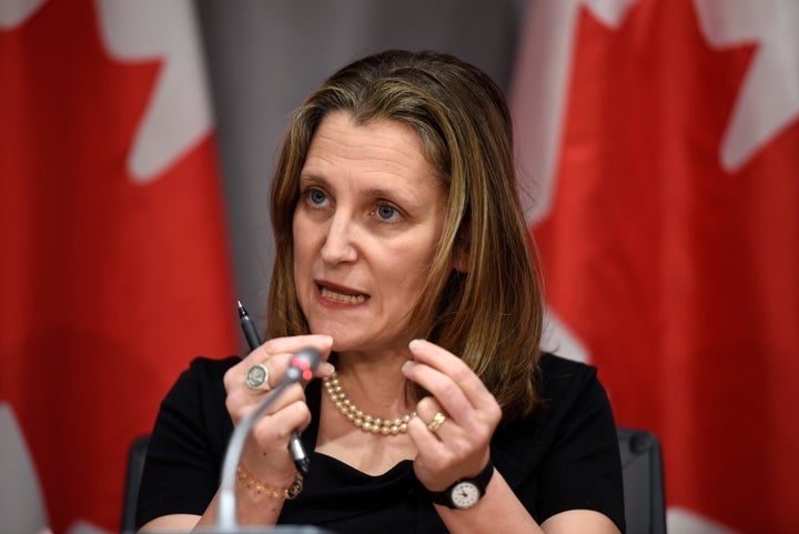 Deputy Prime Minister Chrystia Freeland speaks during a press conference on COVID-19, at West Block on Parliament Hill in Ottawa on March 18, 2020.