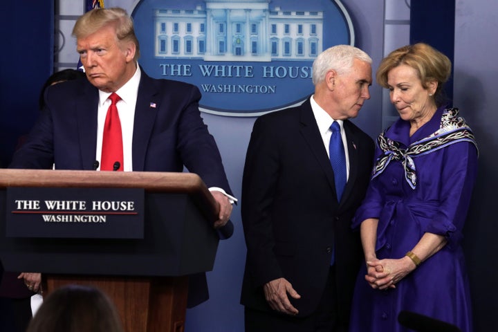 White House Coronavirus Response Coordinator Deborah Birx listens to U.S. Vice President Mike Pence as President Donald Trump conducts a news briefing at the White House on March 18, 2020 in Washington, D.C.