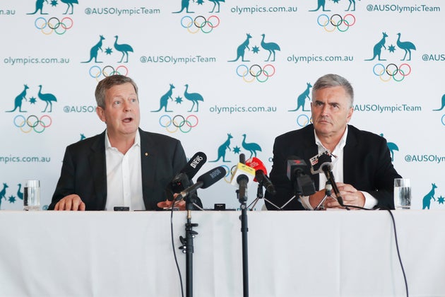 AOC Chief Executive Matt Carroll and Australian Team Chef de Mission for Tokyo 2020 Ian Chesterman speak to the media during an AOC press conference at the MCA Building on March 19, 2020 in Sydney, Australia.