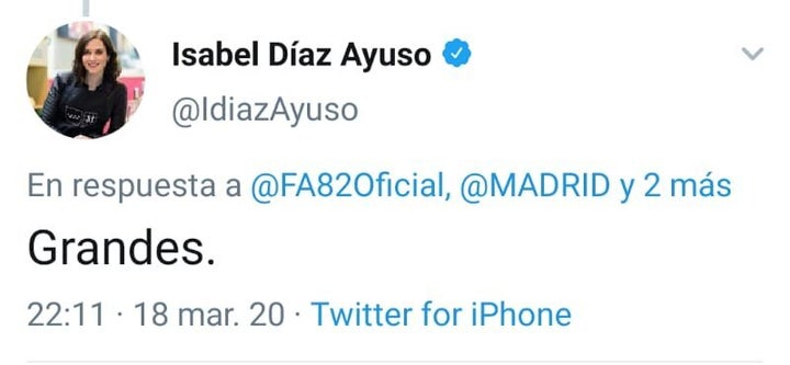 Díaz Ayuso, al Frente Atlético: "Grandes"