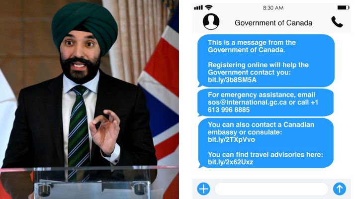 Innovation Minister Navdeep Bains is shown in a composite phot with an image of text messages that will be sent to Canadians abroad during the coronavirus pandemic.