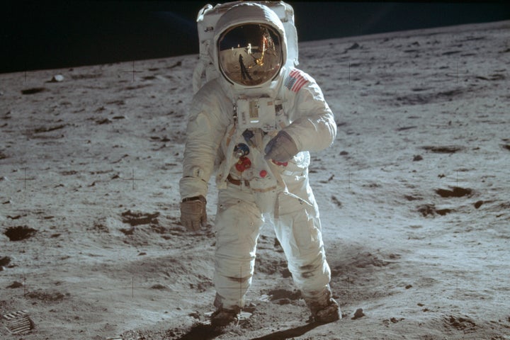 Buzz Aldrin walks on the moon in July 1969.