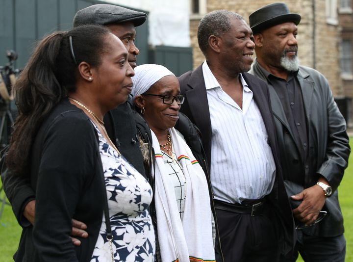 Members of the Windrush generation (left to right) Sarah O'Connor, 56, who arrived from Jamaica in 1967; Anthony Bryan, aged 60, who arrived from Jamaica in 1965; Paulette Wilson, 62, who arrived from Jamaica in 1968; Sylvester Marshall, 63, who arrived from Jamaica in 1973, and Elwaldo Romeo, 63, who arrived from Antigua in 1959, during a photocall in Westminster, London. (Photo by Yui Mok/PA Images via Getty Images)