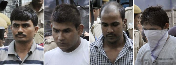  (L/R): Akshay Thakur, Vinay Sharma, Mukesh Singh, Pawan Gupta as they arrive for an appearance at The High Court in New Delhi on September 24, 2013. 