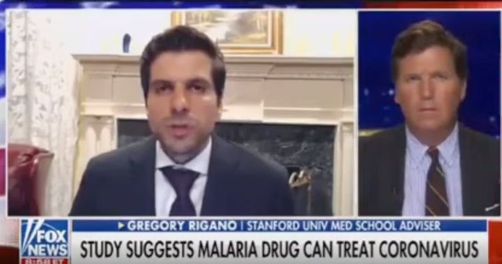 Rigano on Tucker Carlon's prime-time Fox News show. He claimed he could announce a "cure" for the virus.