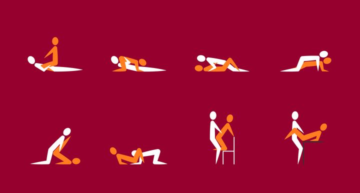 Cartoon Different Sex Poses or Position Couple Set Concept Of Passion Erotic Flat Design Style on a Red. Vector illustration of Sexuality Pose